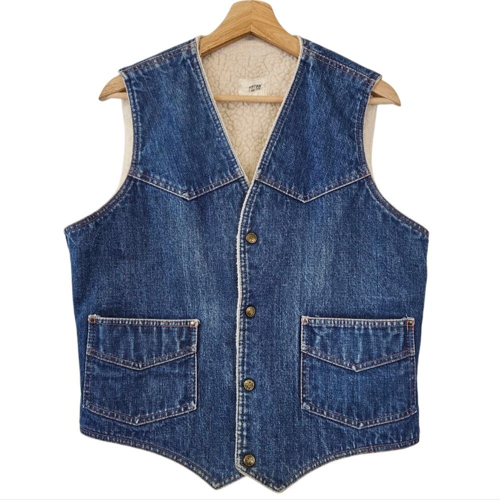 Mens Vintage Texco Denim Vest Sherpa Lined Western Country Rodeo Festival